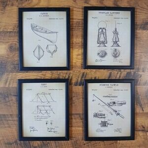 (4) Fishing Tent Canoe Lantern Patent Wall Art Print Framed Lake House 9x11"